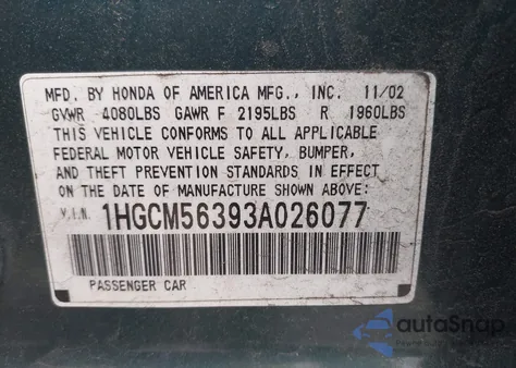 2003 Honda Accord Lx from USA, damaged, VIN 1HGCM56393A026077